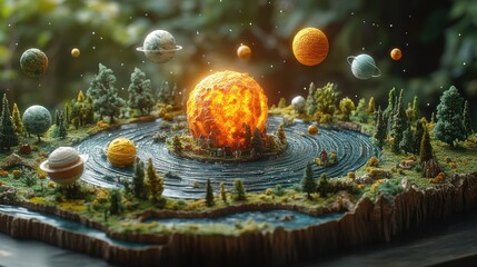 3D solar system model with planets made of green energy technologies, featuring floating sustainability messages.