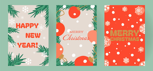 Christmas and New Year greeting card set. Festive design with pine branches, ornaments, snowflakes, and bold typography. Warm holiday messages Merry Christmas Happy New Year, cheerful colors