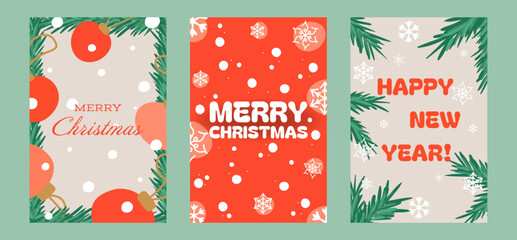 Holiday card set featuring vibrant designs with Christmas and New Year themes. Includes ornaments, snowflakes, pine branches, and festive lettering in red, gold, and green tones for seasonal greetings