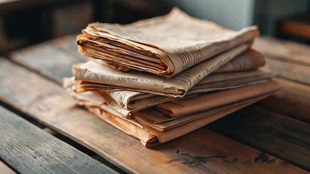 A stack of old newspapers on a wooden table.