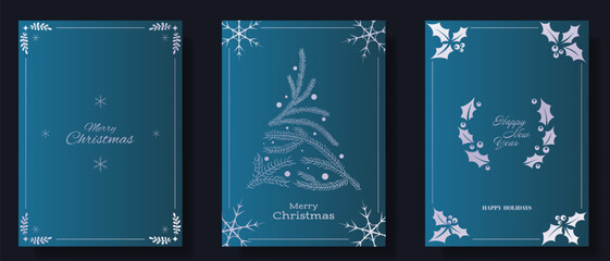 Elegant holiday card set with rich blue backgrounds, gold accents, festive designs. Includes Merry Christmas, Happy New Year greetings with minimalistic motifs of holly, snowflakes, pine branches