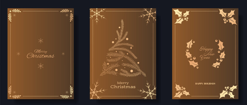 Luxurious holiday card set with warm gold gradients and elegant designs. Features Merry Christmas, Happy New Year messages, complemented by holly, snowflakes, and minimalist pine motifs