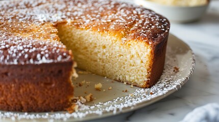 The soft texture of the lemon yoghurt cake has a hint of nutty a thin coating of almond