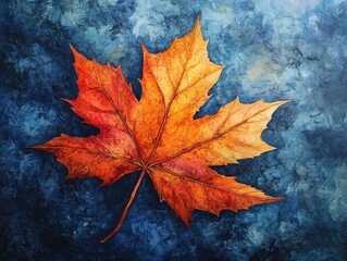 An artistic rendering of a vibrant orange maple leaf against a textured blue background, perfect for nature-inspired designs.