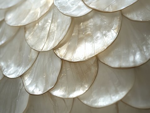 Close up of overlapping capiz shells, highlighting their delicate, translucent nature and creating a visually appealing pattern. Abstract background