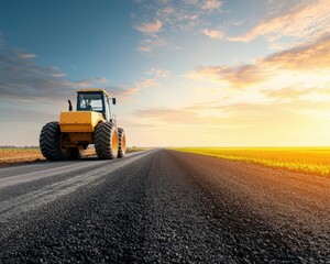 Tractor on Asphalt Road at Sunset in Open Field