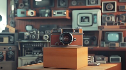 48. A podium showcasing a vintage camera, surrounded by nostalgic decor in a retro electronics shop