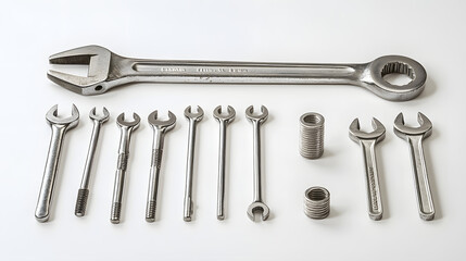 Detailed Top View of Various Tools Including Wrench, Screwdriver, and Allen Keys Lying Flat on a White Background