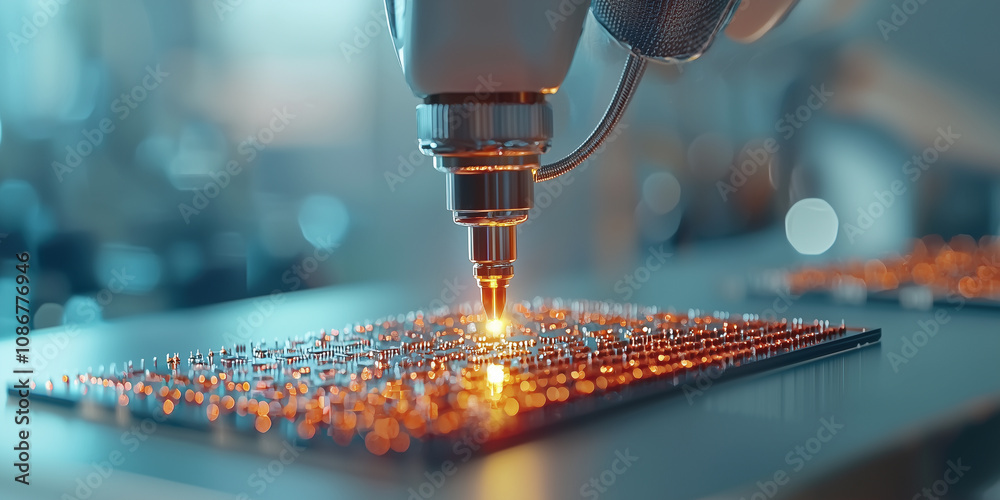 Poster robotic arm delicately handles microchip, showcasing precision technology in modern laboratory setting. focus is on intricate details of microchip and advanced machinery