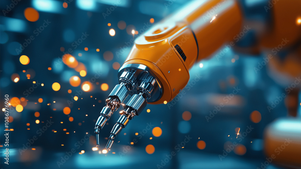 Poster high tech robotic arm operates in industrial environment, showcasing precision and advanced technolo