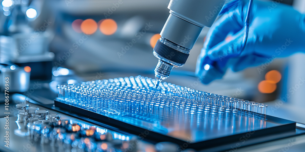 Poster close up of laboratory setting with microscope focusing on tray of test tubes, highlighting scientific research and precision