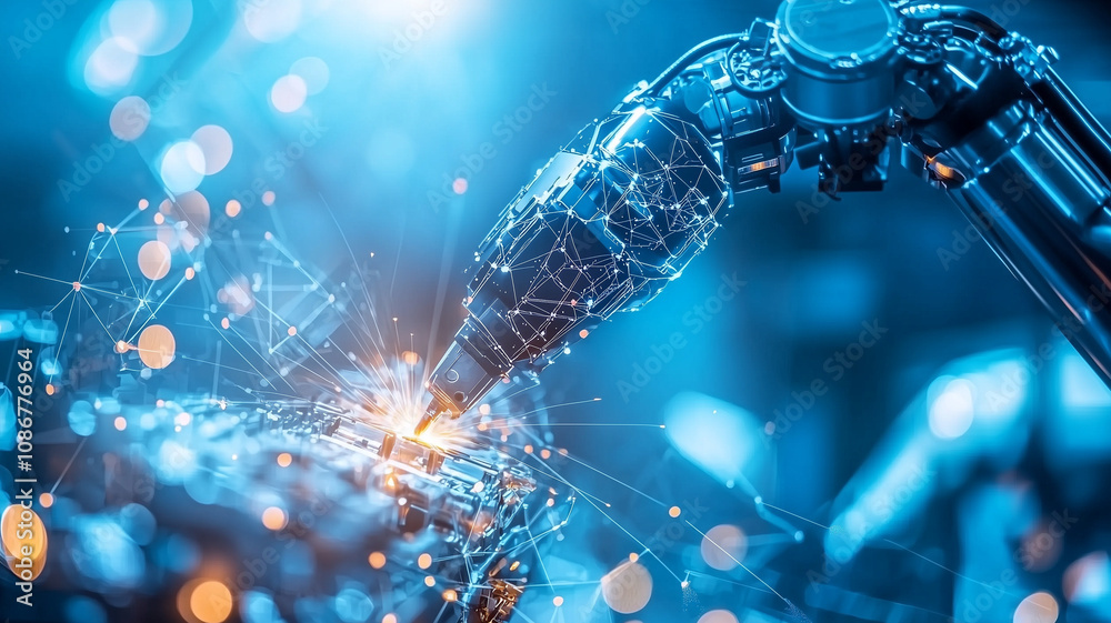Poster robotic arm is welding car parts in automated factory, showcasing advanced technology and precision 