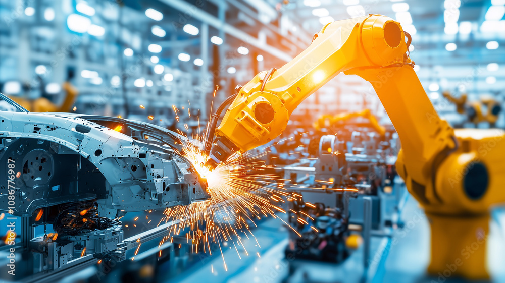 Poster industrial robotic arm welding car parts in automated factory, showcasing precision and efficiency i