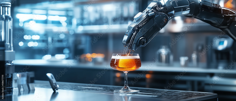 Poster robotic arm in futuristic kitchen expertly crafts cocktail, showcasing advanced technology and innov