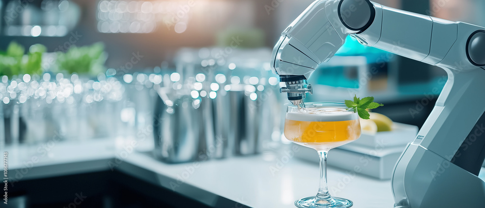 Poster robotic arm in futuristic kitchen is crafting cocktail with precision, showcasing advanced technolog