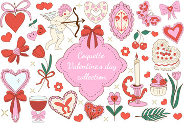 Valentine's Day cute collection. Pink girly coquette y2k aesthetic set, elegant vintage accessory. Lovely cute collection, red cherrie, pink ribbon, bow, heart, cupid. Vector illustration
