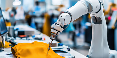 robotic arm in high tech fashion studio designs garment with precision, showcasing innovation in textile manufacturing. scene highlights blend of technology and creativity