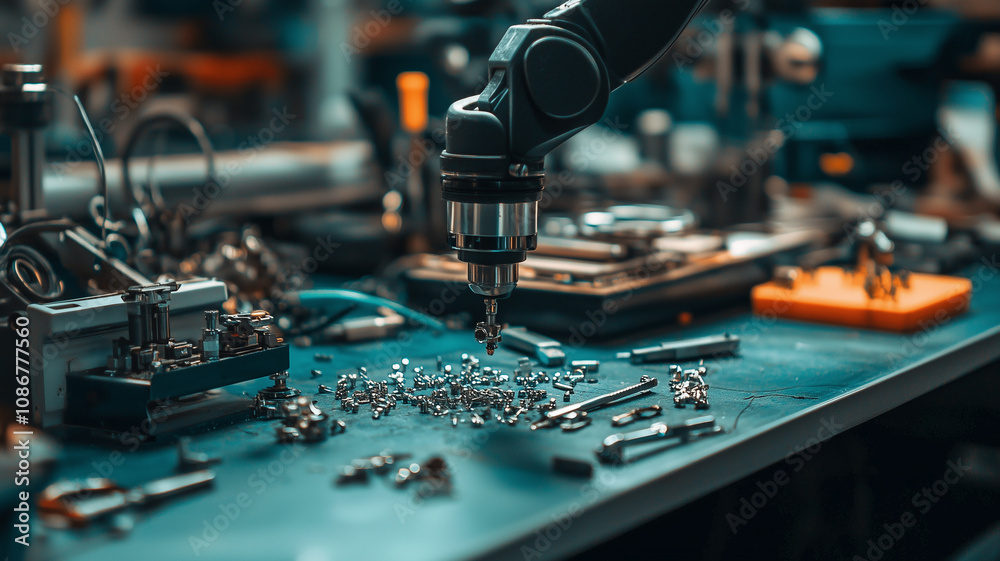 Poster robotic arm in high tech jewelry workshop meticulously crafts intricate pieces, surrounded by tools 