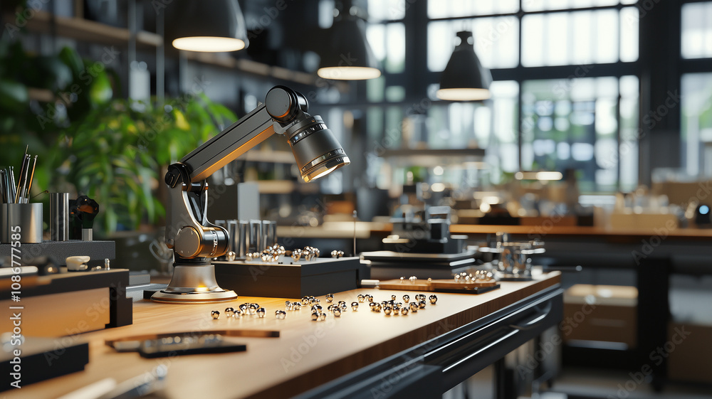 Poster robotic arm in high tech jewelry workshop crafting intricate pieces with precision and innovation, s