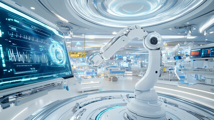 Robotic arm in high tech hospital assisting in patient care, surrounded by advanced medical equipment and digital interfaces, showcasing futuristic healthcare technology