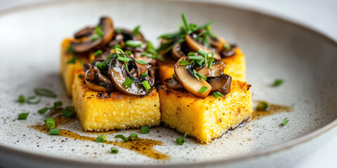 Vegan appetizer with crispy polenta and saut&eacute;ed mushrooms