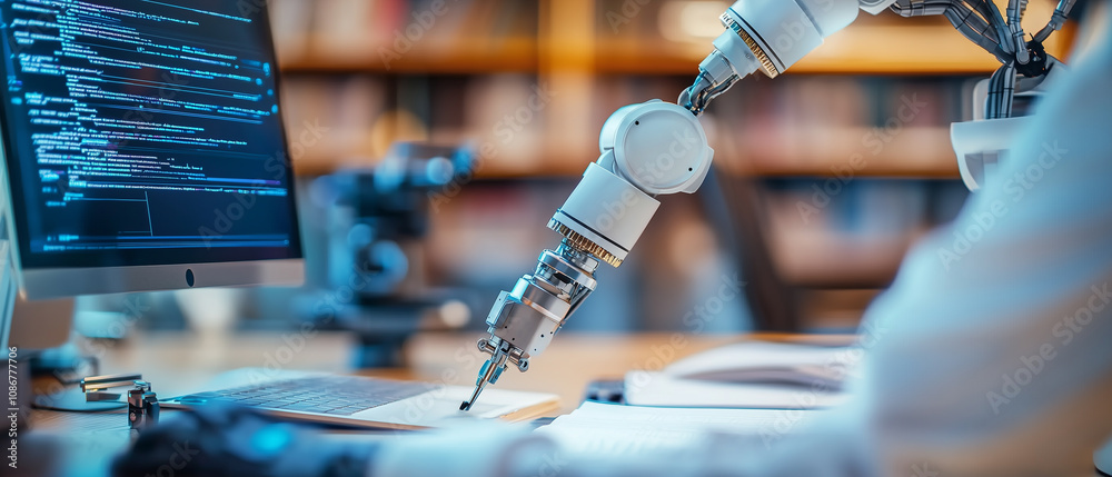 Poster robotic arm in high tech publishing house edits manuscripts with precision, enhancing efficiency and accuracy in editing process. advanced technology showcases innovation