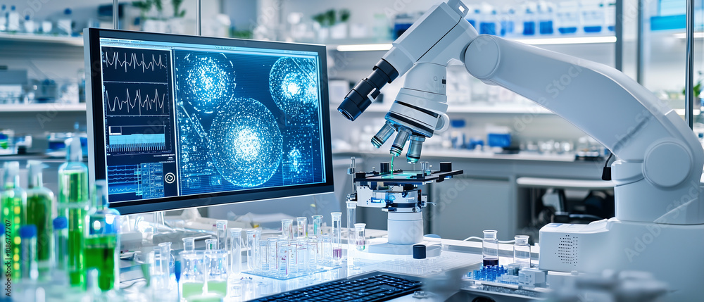 Poster robotic arm in high tech medical lab analyzes samples with precision, surrounded by advanced equipme