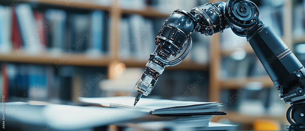 Poster robotic arm in high tech publishing house is editing manuscripts with precision, showcasing advanced technology in modern library setting