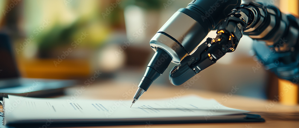 Aufkleber robotic arm in high tech publishing house is editing manuscripts with precision, showcasing advanced technology in editorial process