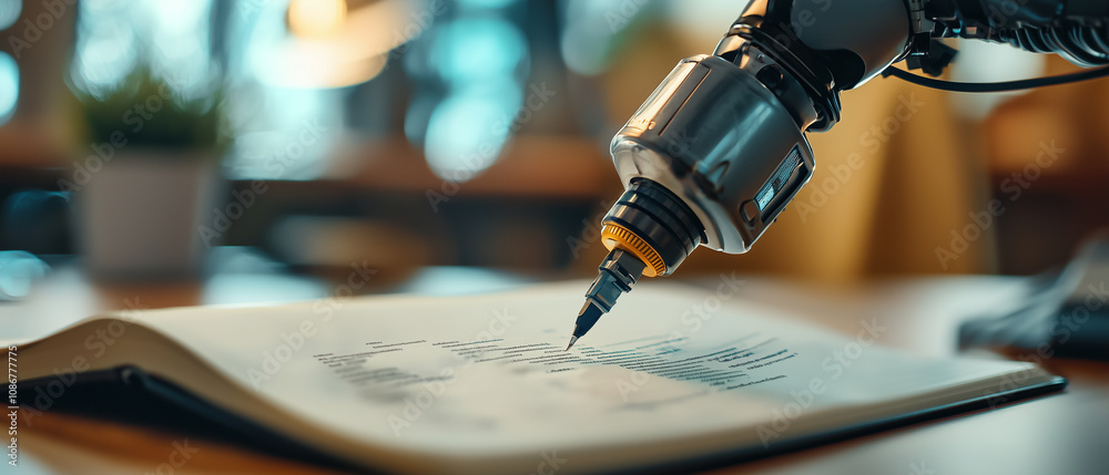 Poster robotic arm precisely edits manuscript in modern publishing house, showcasing advanced technology in