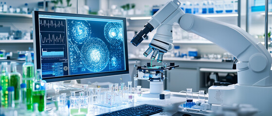 robotic arm in high tech medical lab analyzes samples with precision, surrounded by advanced equipment and digital displays. atmosphere is futuristic and innovative