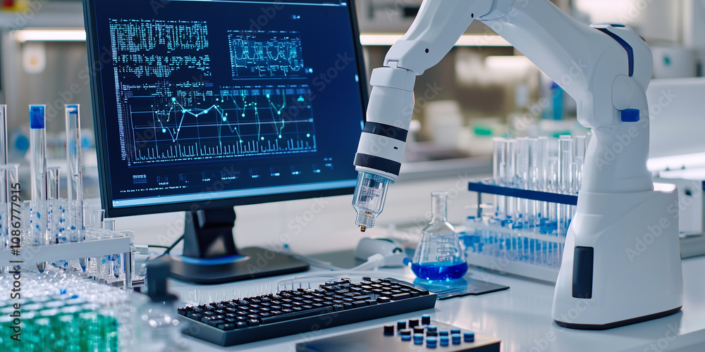 Poster robotic arm in high tech research lab analyzes data on computer screen, surrounded by test tubes and scientific equipment, showcasing advanced technology and innovation
