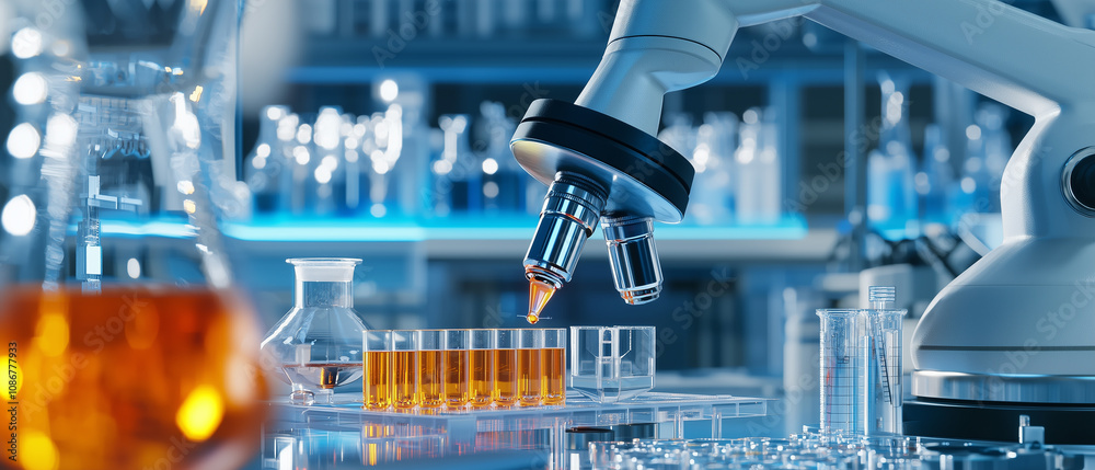 Poster robotic arm in high tech research lab is calibrating equipment, surrounded by test tubes and advance