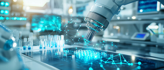 robotic arm operates in high tech research facility, synthesizing complex data and interacting with digital interfaces. futuristic lab environment is filled with advanced technology and innovation