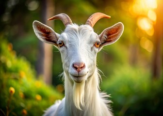 Fototapeta premium Captivating Portrait of a White Goat in Natural Setting with Soft Focus Background and Gentle Lighting, Showcasing Its Unique Features and Natural Beauty