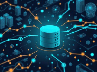 Illustrated database monitoring background with a stylized database icon, glowing data grids, and dynamic flow lines, perfect for slides.