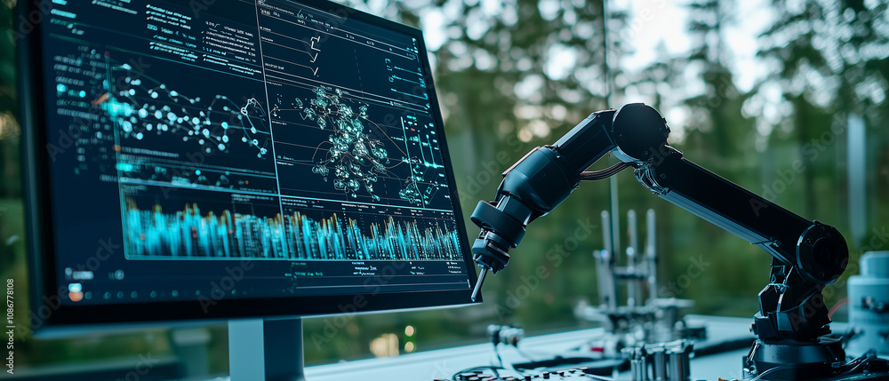 Aufkleber robotic arm in high tech weather station analyzes complex data on digital screen, surrounded by forest. advanced technology and serene environment create futuristic atmosphere