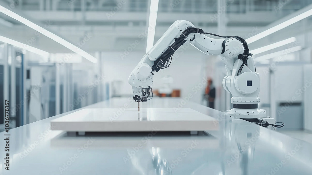 Poster robotic arm in modern factory is assembling furniture with precision and efficiency, showcasing advanced technology in sleek, industrial setting