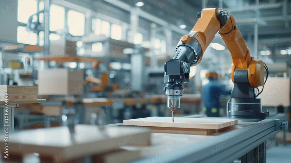 Poster robotic arm in modern factory is assembling furniture with precision and efficiency, showcasing advanced technology in industrial setting. environment is well lit and organized
