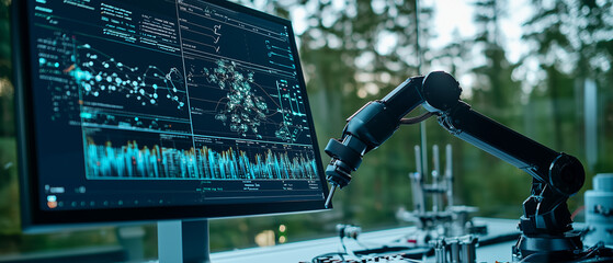 robotic arm in high tech weather station analyzes complex data on digital screen, surrounded by forest. advanced technology and serene environment create futuristic atmosphere