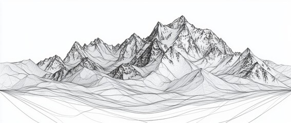 Black and White Illustration of Abstract Mountain Range with Intricate Linework and Textured Details Conveying Depth and Movement