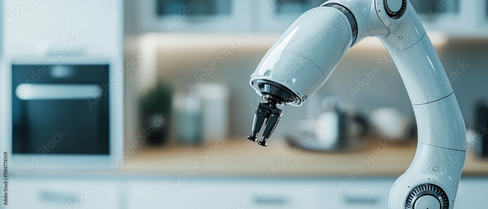 Poster robotic arm in modern kitchen setting is performing household tasks, showcasing advanced technology and automation in smart home environment