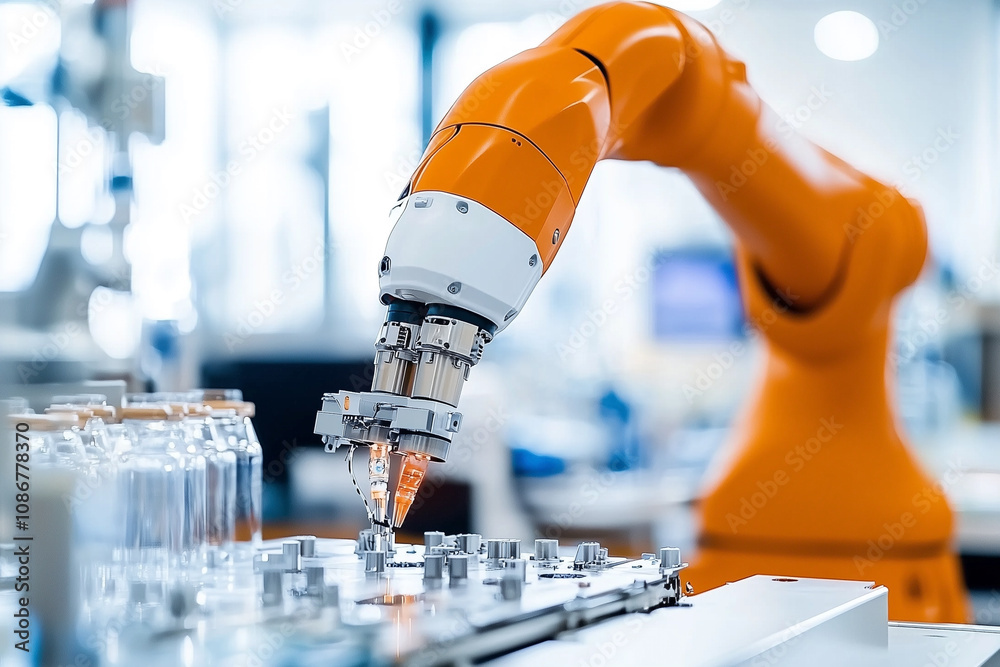 Poster robotic arm in advanced industrial setting is revolutionizing manufacturing processes with precision and efficiency, showcasing cutting edge technology in modern factory environment
