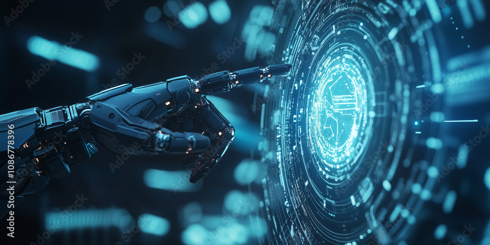Fototapete robotic arm interacts with glowing digital interface, symbolizing advanced technology and innovation in artificial intelligence and automation. futuristic scene is illuminated by blue light