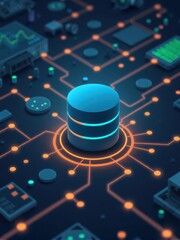 Illustrated database monitoring background with a stylized database icon, glowing data grids, and dynamic flow lines, perfect for slides.