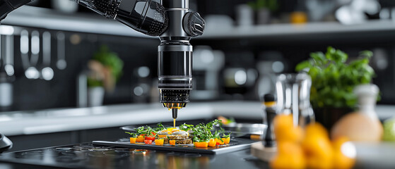 robotic arm in modern kitchen is preparing gourmet meal with precision, showcasing advanced technology and culinary innovation. sleek design and vibrant ingredients create futuristic atmosphere