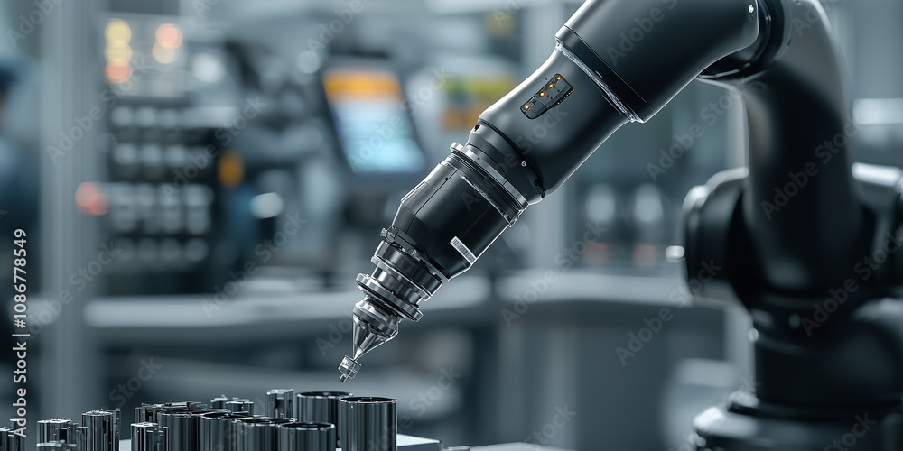 Poster sophisticated robotic arm operates in industrial environment, showcasing precision and advanced technology. sleek design and high tech features highlight its efficiency in manufacturing processes