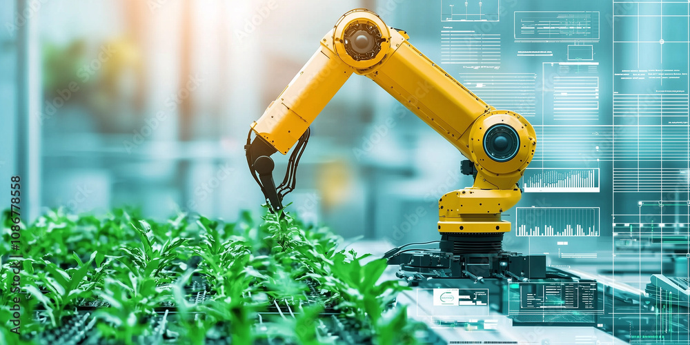 Poster robotic arm in futuristic urban farm automates crop cultivation, enhancing efficiency and productivi