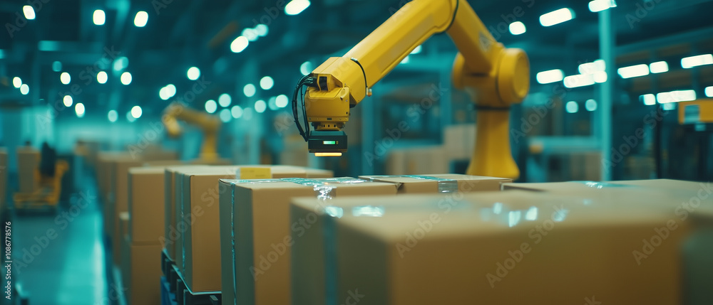 Poster robotic arm efficiently sorts packages in futuristic warehouse, enhancing productivity and automatio