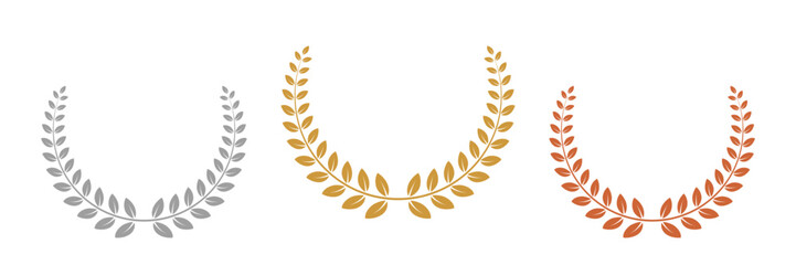 Gold, silver, bronze laurel wreaths. Winner medal award set vector illustration. Victory symbol, triumph emblem, champion prize isolated on transparent background.